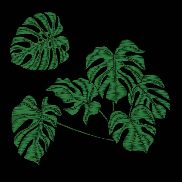 Broderi. Broderad designelement med tropisk växt på en — Stock vektor