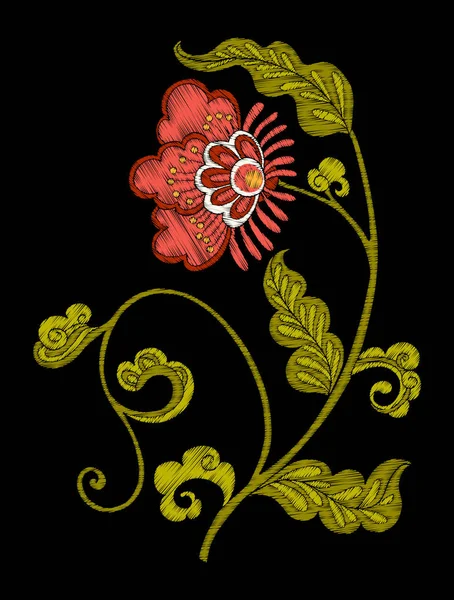 Bordado. Bordado. Elementos de design bordados com flores e folhas —  Vetores de Stock