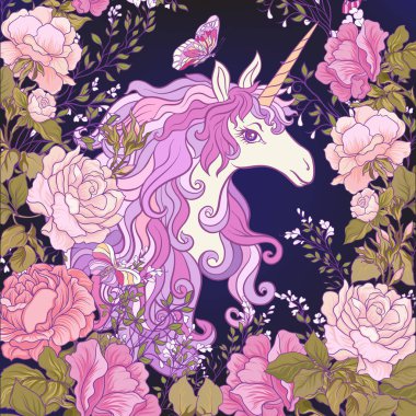 Tek boynuzlu at, bir buket gül ve siyah backgro kelebekler