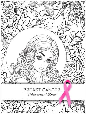 Meme Kanseri Bilinçlendirme ay poster pembe kurdele ve kadın portre ile.