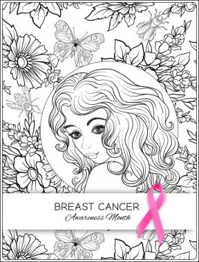 Meme Kanseri Bilinçlendirme ay poster pembe kurdele ve kadın portre ile.