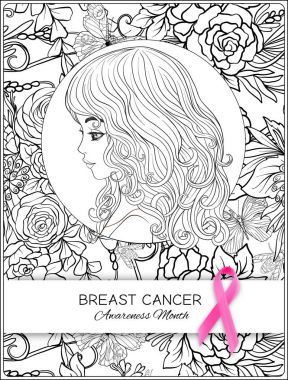 Meme Kanseri Bilinçlendirme ay poster pembe kurdele ve kadın portre ile.