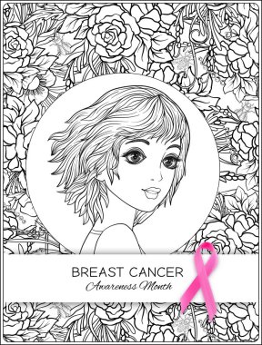 Meme Kanseri Bilinçlendirme ay poster pembe kurdele ve kadın portre ile.