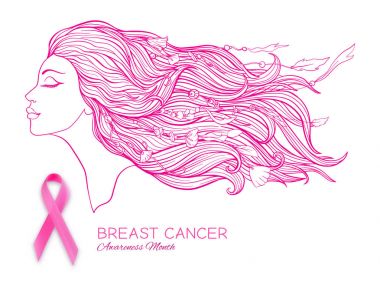 Meme Kanseri Bilinçlendirme ay poster pembe kurdele ve kadın portre ile.