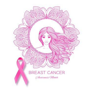 Meme Kanseri Bilinçlendirme ay poster pembe kurdele ve kadın portre ile.