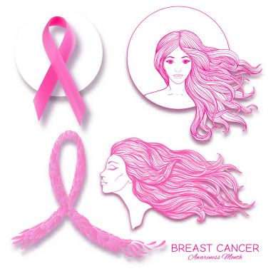 Meme Kanseri Bilinçlendirme ay poster pembe kurdele ve kadın portre ile.