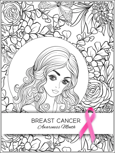 Meme Kanseri Bilinçlendirme ay poster pembe kurdele ve kadın portre ile.