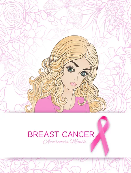 Affiche du mois de sensibilisation au cancer du sein avec ruban rose et portrait de femme . — Image vectorielle