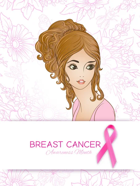 Prsu rakovina povědomí měsíc plakát s růžovou stuhou a ženy portrét. — Stockový vektor