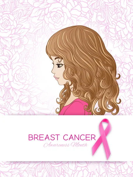 Cartel del mes de concienciación sobre el cáncer de mama con cinta rosa y retrato de mujeres . — Vector de stock