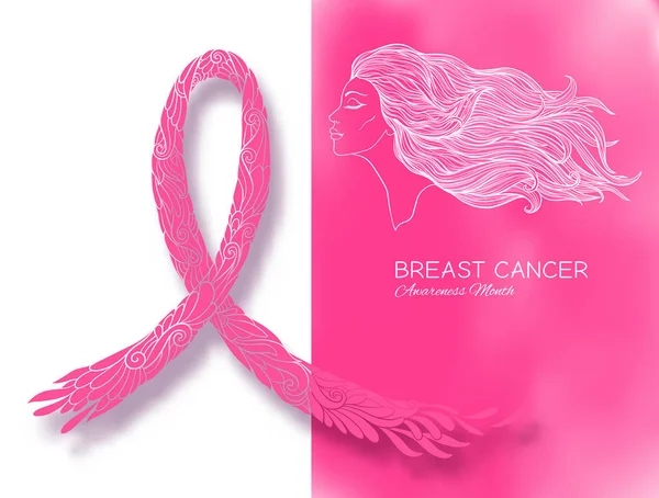Cartel del mes de concienciación sobre el cáncer de mama con cinta rosa y retrato de mujeres . — Vector de stock