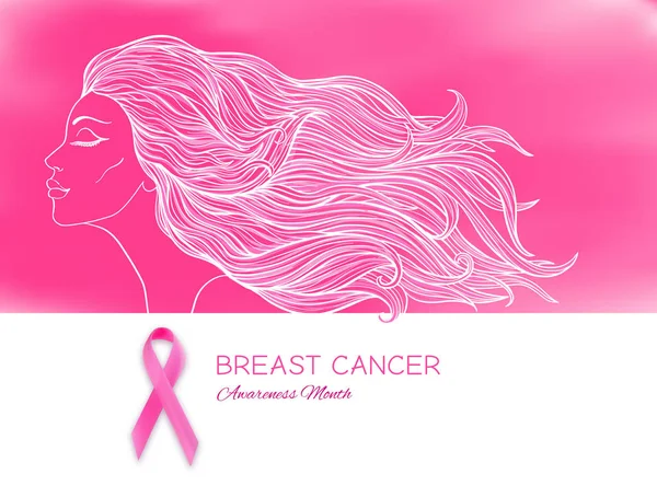Affiche du mois de sensibilisation au cancer du sein avec ruban rose et portrait de femme . — Image vectorielle