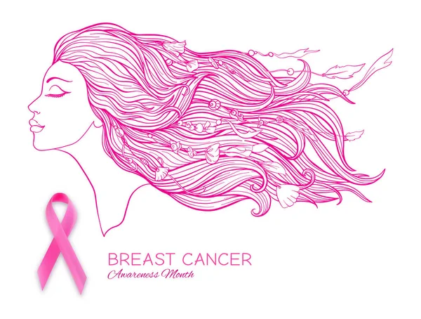 Meme Kanseri Bilinçlendirme ay poster pembe kurdele ve kadın portre ile.