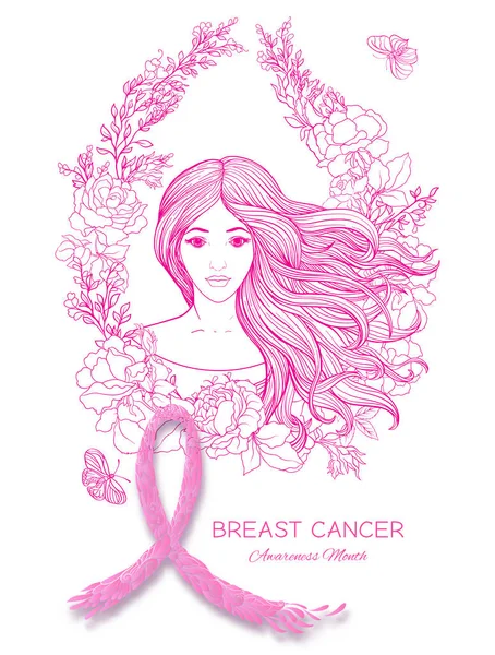 Плакат месяца информированности о раке молочной железы с розовой лентой и портретом женщины . — стоковый вектор