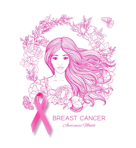 Meme Kanseri Bilinçlendirme ay poster pembe kurdele ve kadın portre ile.