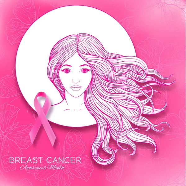 Плакат месяца информированности о раке молочной железы с розовой лентой и портретом женщины . — стоковый вектор