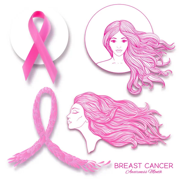 Meme Kanseri Bilinçlendirme ay poster pembe kurdele ve kadın portre ile.