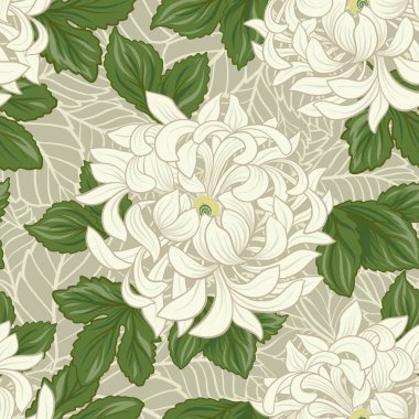 Beyaz krizantem Japon tarzı ile Seamless modeli. VEC