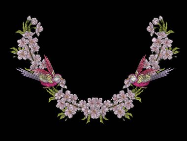 Nakış. Sakura çiçek tasarım öğeleriyle işlemeli ve