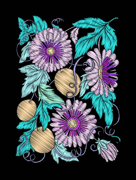 刺绣。用花和树叶绣花的设计元素 — 图库矢量图片