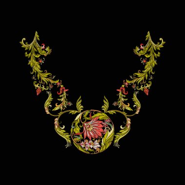 Nakış. Çiçek ve yaprak işlemeli tasarım öğeleriyle