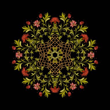 Nakış. Mandala öğeleri çiçekli tasarım işlemeli ve