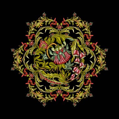 Nakış. Mandala öğeleri çiçekli tasarım işlemeli ve