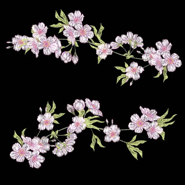 Stickerei. bestickte Designelemente mit Sakura-Blumen und — Stockvektor