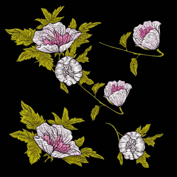 Κέντημα. Κεντημένα σχεδιαστικά στοιχεία με λουλούδια και φύλλα — Διανυσματικό Αρχείο