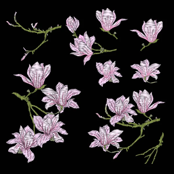 Stickerei. bestickte Designelemente mit Blumen und Blättern — Stockvektor