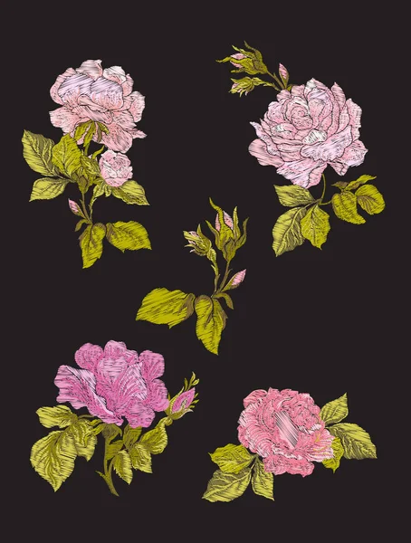 La broderie. Eléments de conception brodés avec des fleurs de roses et l — Image vectorielle