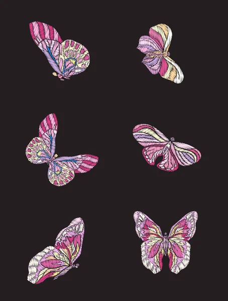 Embroidery. Embroidered design element - set of 6 butterflies — Stock Vector