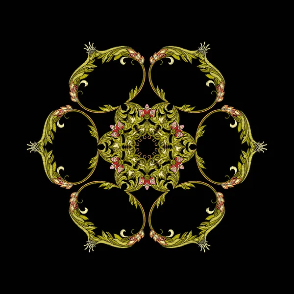 La broderie. Eléments mandala design brodé avec des fleurs et — Image vectorielle