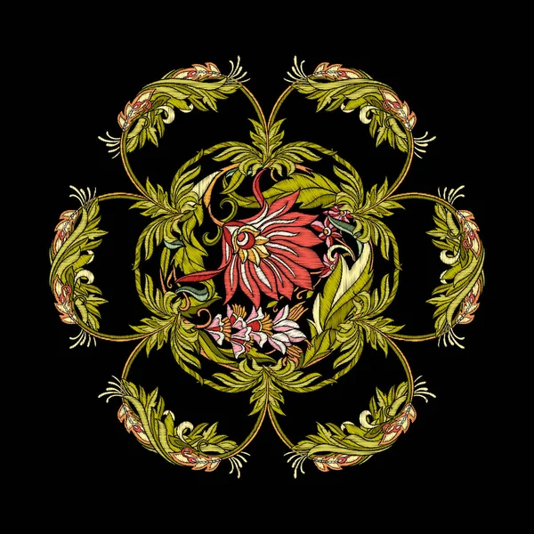 Bordado. Elementos mandala de diseño bordado con flores y — Archivo Imágenes Vectoriales