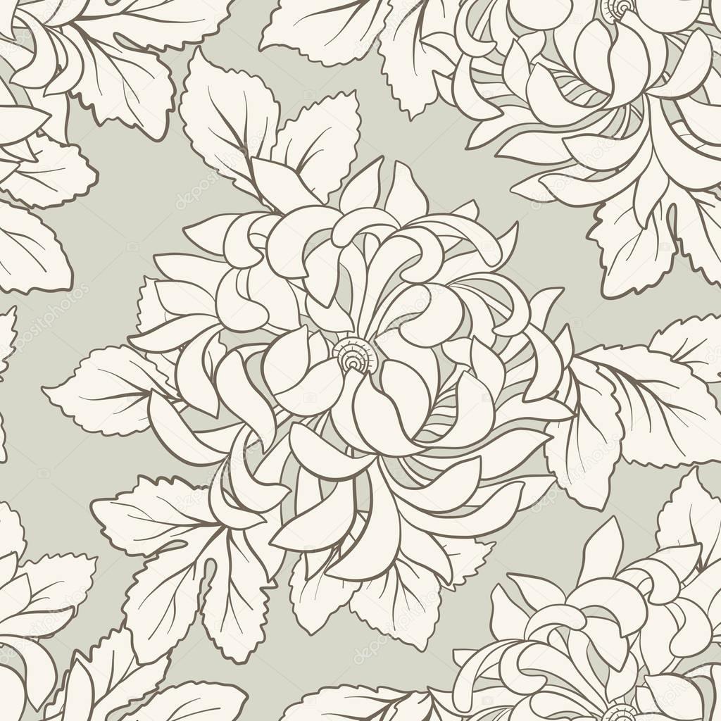 Seamless pattern with white chrysanthemum in Japanese style. Vec