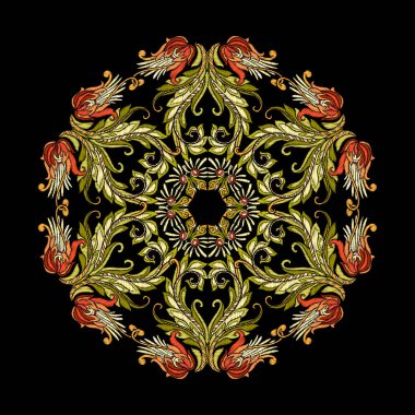 Nakış. Mandala öğeleri çiçekli tasarım işlemeli ve