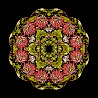 Nakış. Mandala öğeleri çiçekli tasarım işlemeli ve