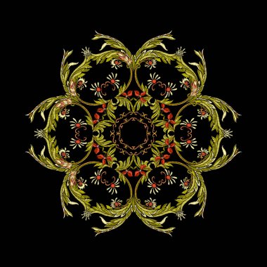 Nakış. Mandala öğeleri çiçekli tasarım işlemeli ve