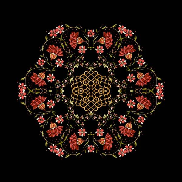 Nakış. Mandala öğeleri çiçekli tasarım işlemeli ve