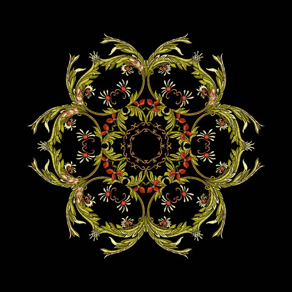 La broderie. Eléments mandala design brodé avec des fleurs et — Image vectorielle