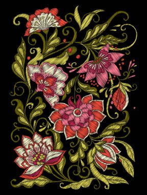 Nakış. Çiçek ve yaprak işlemeli tasarım öğeleriyle