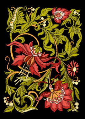 Nakış. Çiçek ve yaprak işlemeli tasarım öğeleriyle