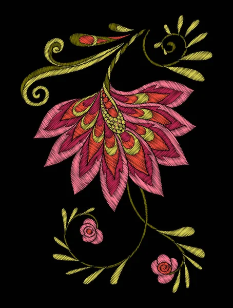 Bordado. Elementos de diseño bordados con flores y hojas — Archivo Imágenes Vectoriales
