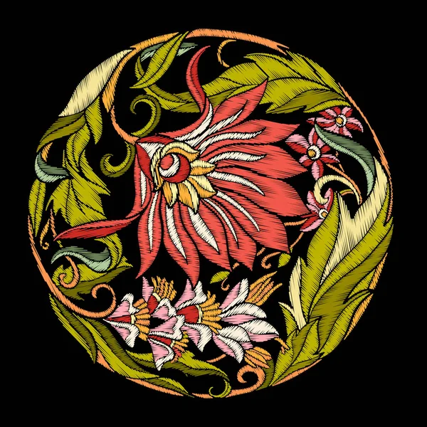 刺繍。花と葉の刺繍デザイン要素 — ストックベクタ