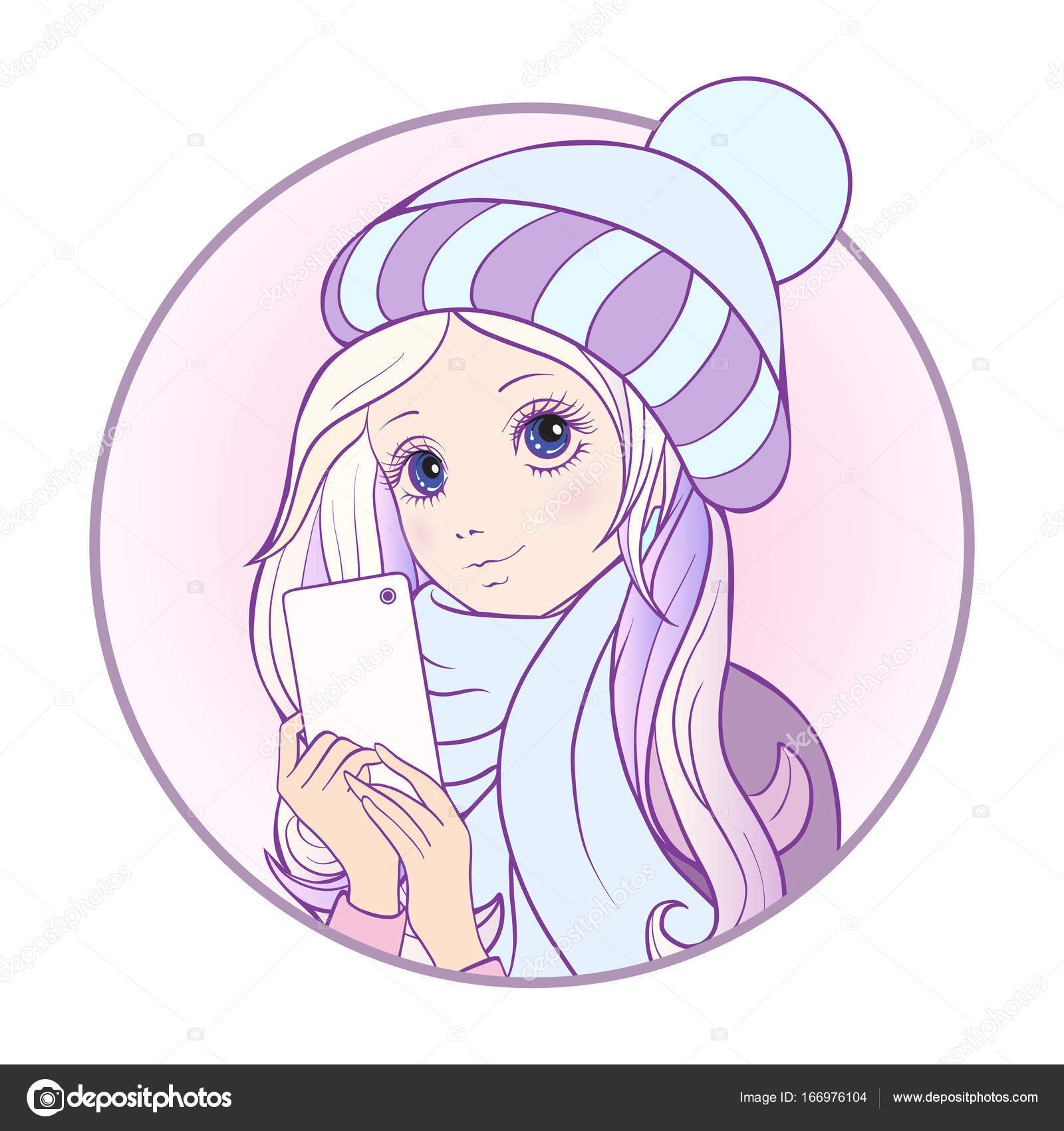 cappello e sciarpa fare selfie o una fotografia su un telefono cellulare Delineare il disegno da colorare Libro da colorare per adulti — Vettoriali