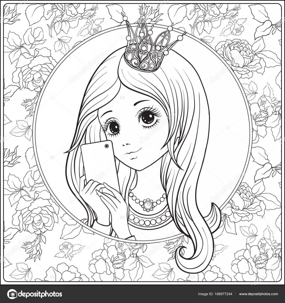 Bella giovane ragazza con lunghi sentire e corona di principessa sulla sua testa fare selfie o una fotografia su un telefono cellulare Delineare il disegno
