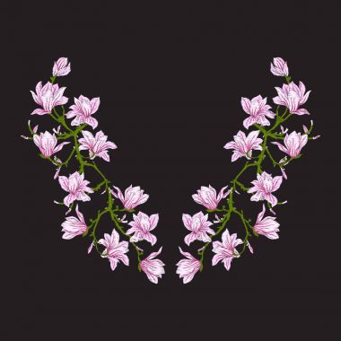 Nakış. Manolya çiçek tasarım öğeleriyle işlemeli bir