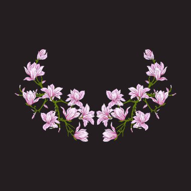 Nakış. Manolya çiçek tasarım öğeleriyle işlemeli bir