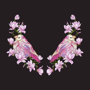 Nakış. Manolya çiçek tasarım öğeleriyle işlemeli bir