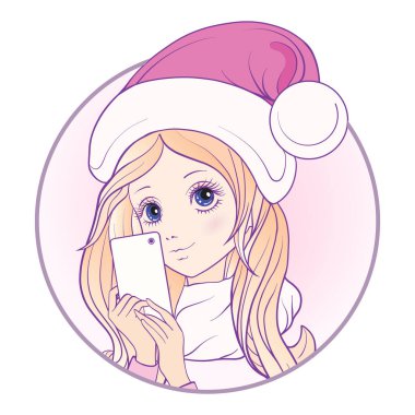 Genç güzel kız ile uzun duymak Santa Claus şapka ve atkı yapmak